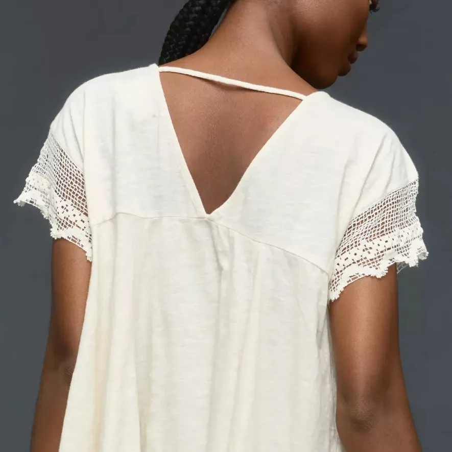 By Anthropologie V-Neck Lace Swing Top Elegant Cream Lace Women Top - Image 3