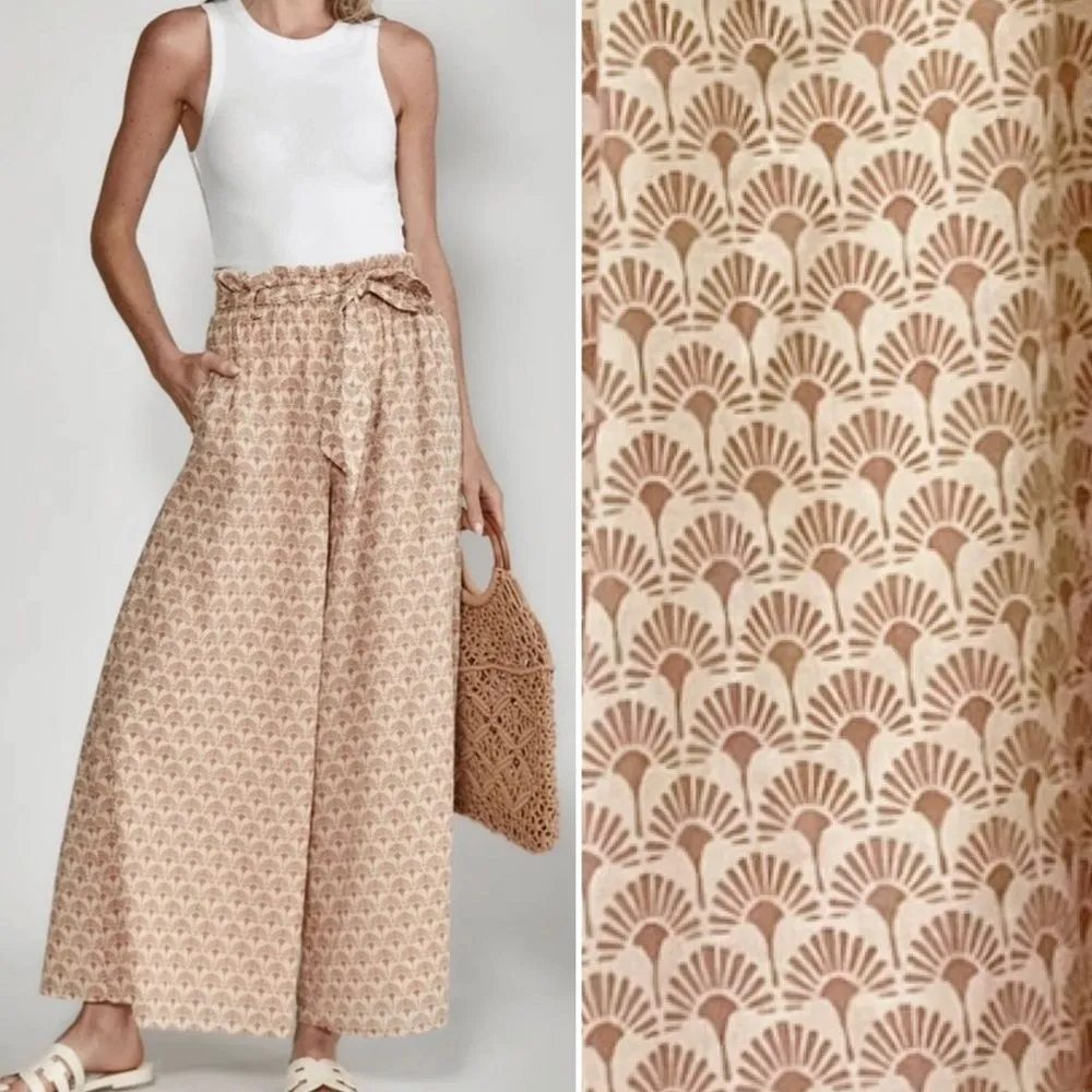Bila77 High Waist Wide Leg Palazzo Pant Size Medium Boho Tan Batik Print Cotton - Image 13