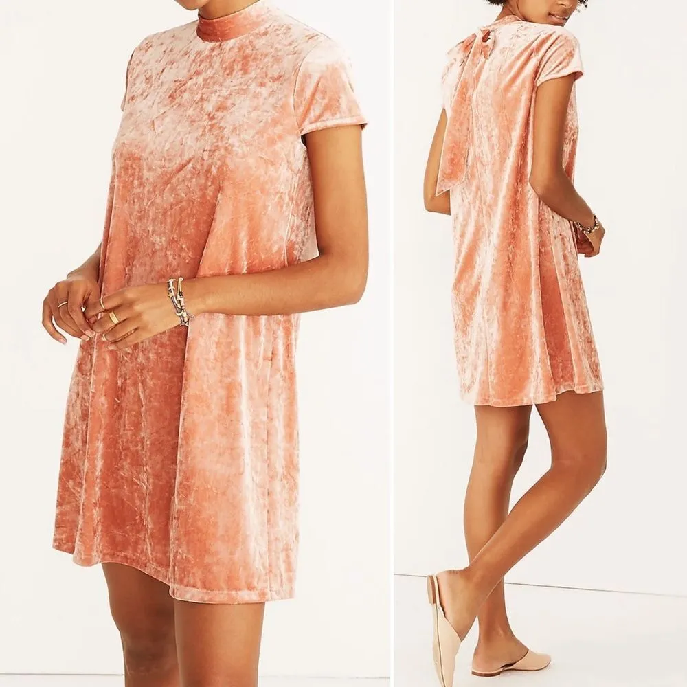 Madewell Crushed Velvet Mockneck Tie Neck Shift Dress Peach Pink Size Small - Image 3