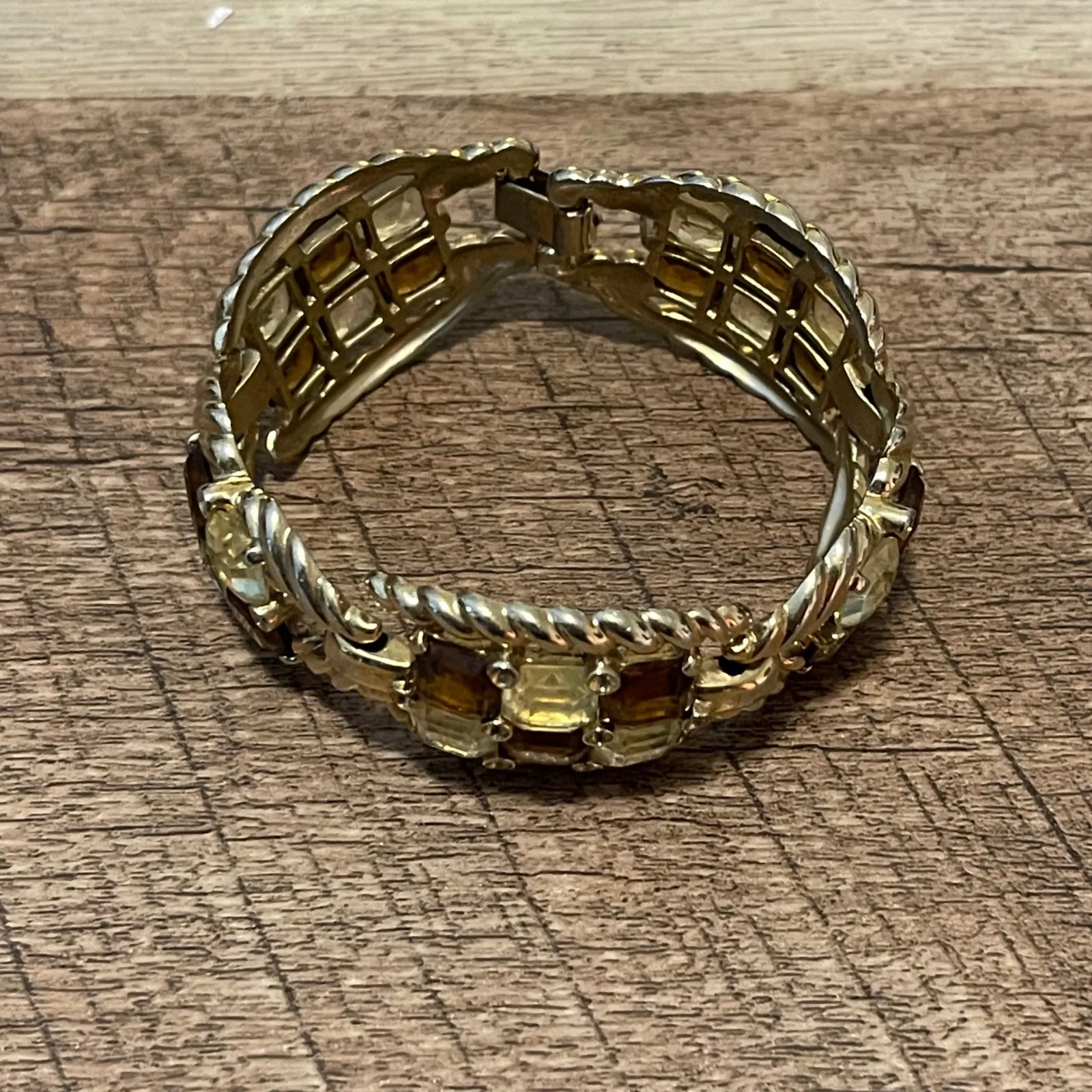 Vintage Gold Tone Chessboard Link Bracelet Amber Brown Crystal Stones Women's - Image 2