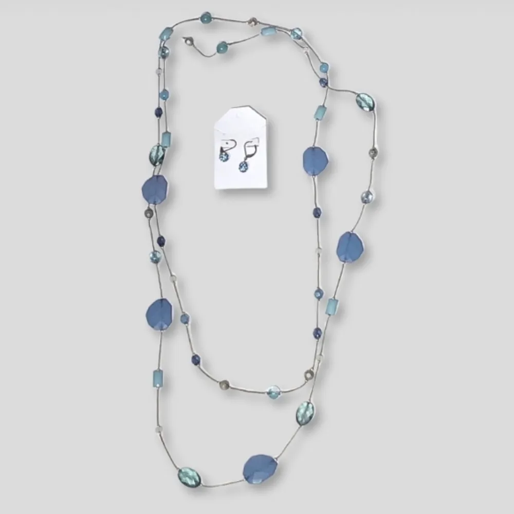 Vintage Beaded Layered Necklace Drop Earring Set Silver Tone Blue - Image 5