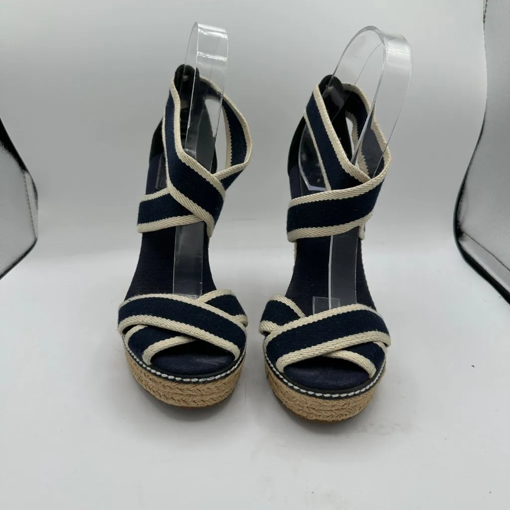 TORY BURCH Navy Blue & Cream Contrast Elastic Espadrille Wedges Women's 6B - Image 2