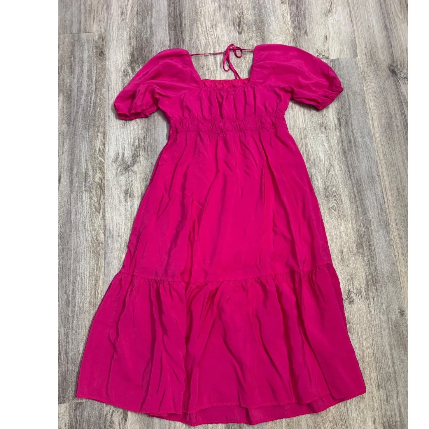 Saks Fifth Avenue Pink Square Neck Puff Sleeve Tiered Midi Dress Women's Size L - Image 3