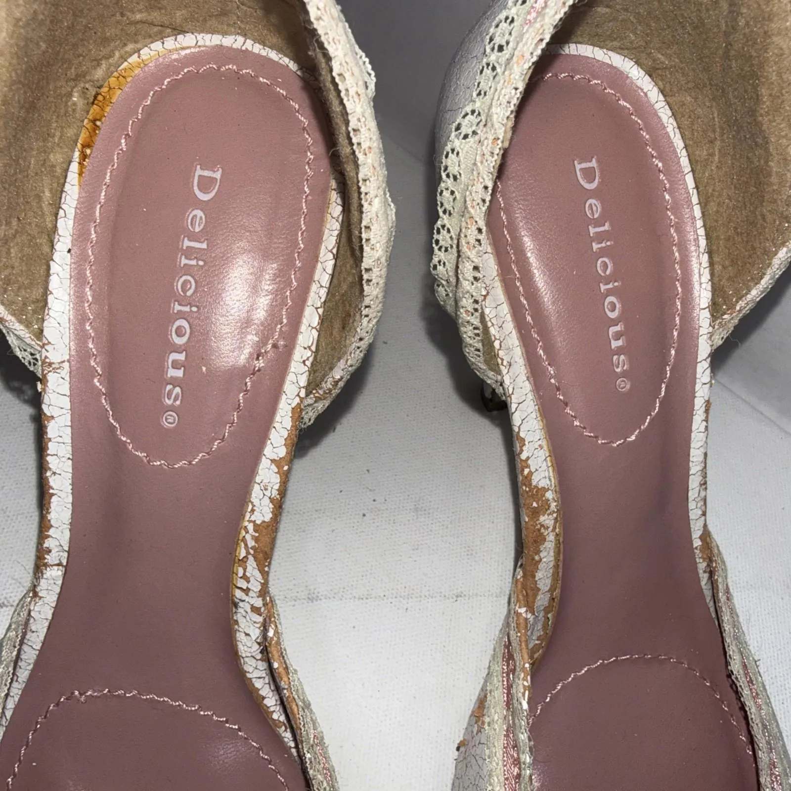 Y2K Delicious White Pink Lace Bows Ribbon Trim Stripper Peep Toe Pumps Size 9 - Image 7