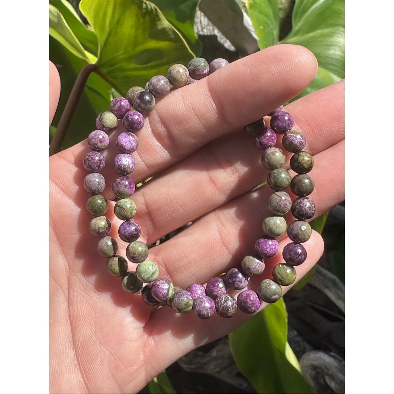 RARE Atlantisite Bracelet 6mm Purple Stichtite & Green Serpentine beaded crystal - Image 4