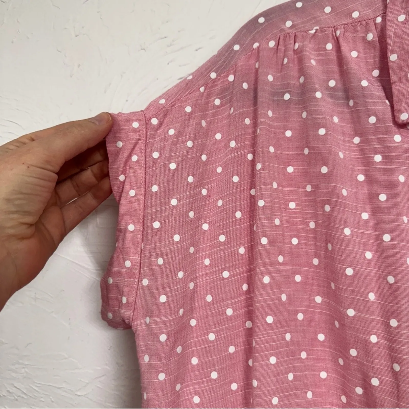 Good Luck Gem Pink Polka Dot Button Down Shirt Womens L Short Sleeve Casual Top - Image 2