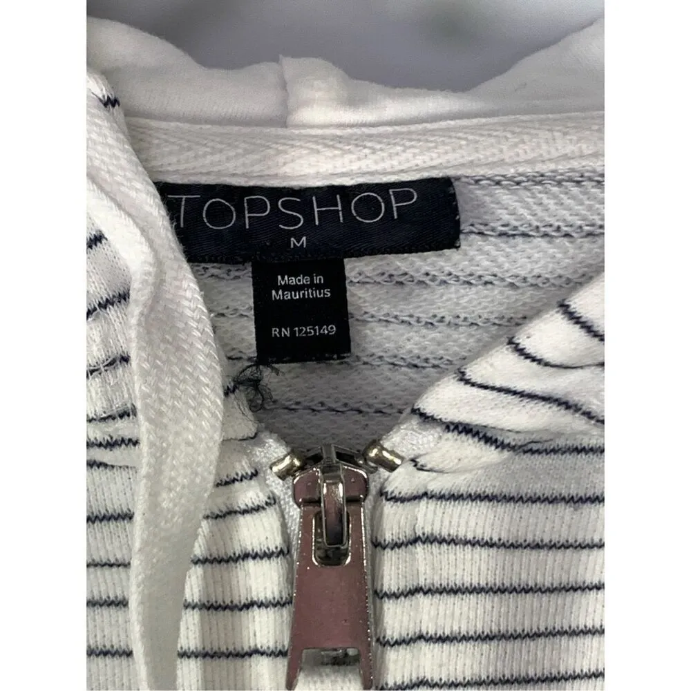 -2. TOPSHOP Women's Long Sleeve Striped Zip-Up Hoodie White Black Size Medium - Image 2