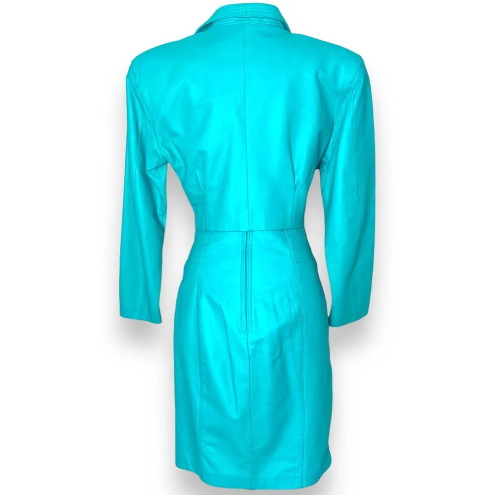 Vintage 80s Yucatan Bay Teal 2 Piece Leather Mini Skirt Jacket Matching Suit Set - Image 6