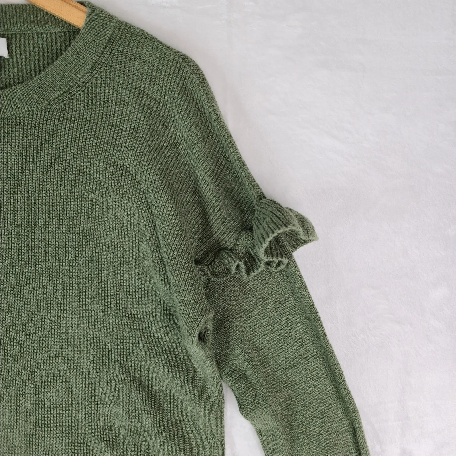 J.Crew Sweater Womens L Green Ruffle Sleeve Cotton Ribbed Knit Classic Fit Size L - Image 6
