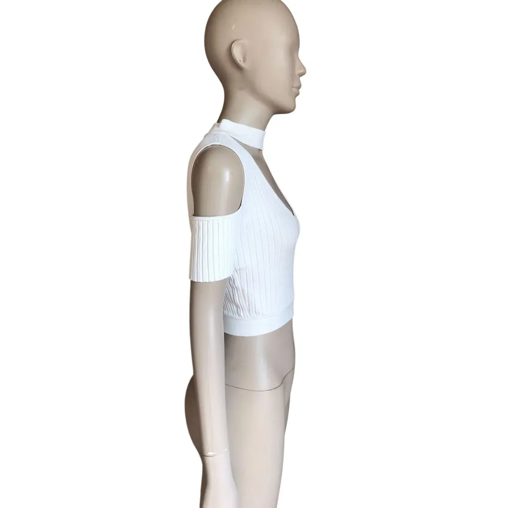 BCBGMaxazria White Ribbed Cutout Crop Top - Image 3