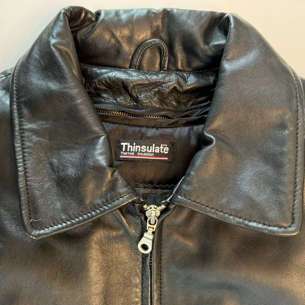 Wilsons Black Leather Jacket Medium Tie Waist Full Zip Front Thinsulate Liner - Image 2