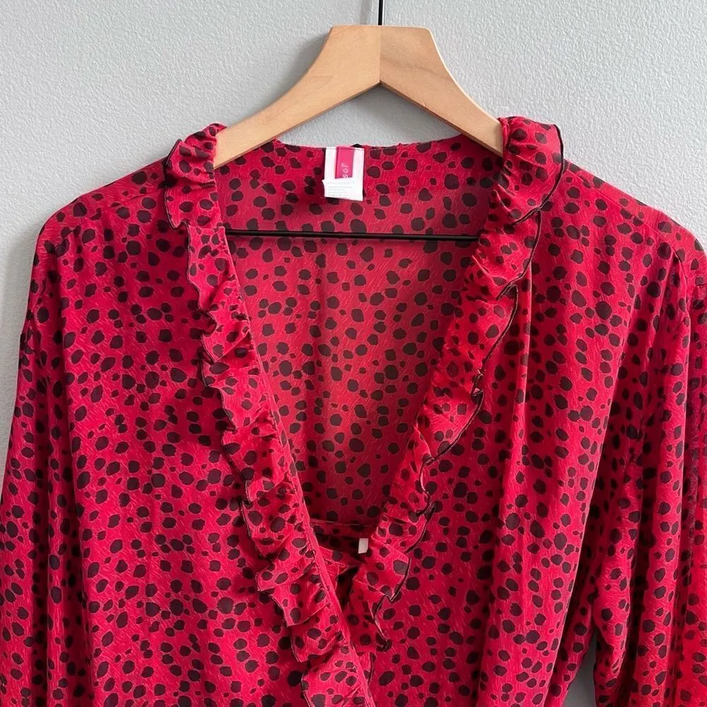 Natori Robe & Nightgown Set Red and Black Leopard Spots Ruffle Size Medium Large - Image 2