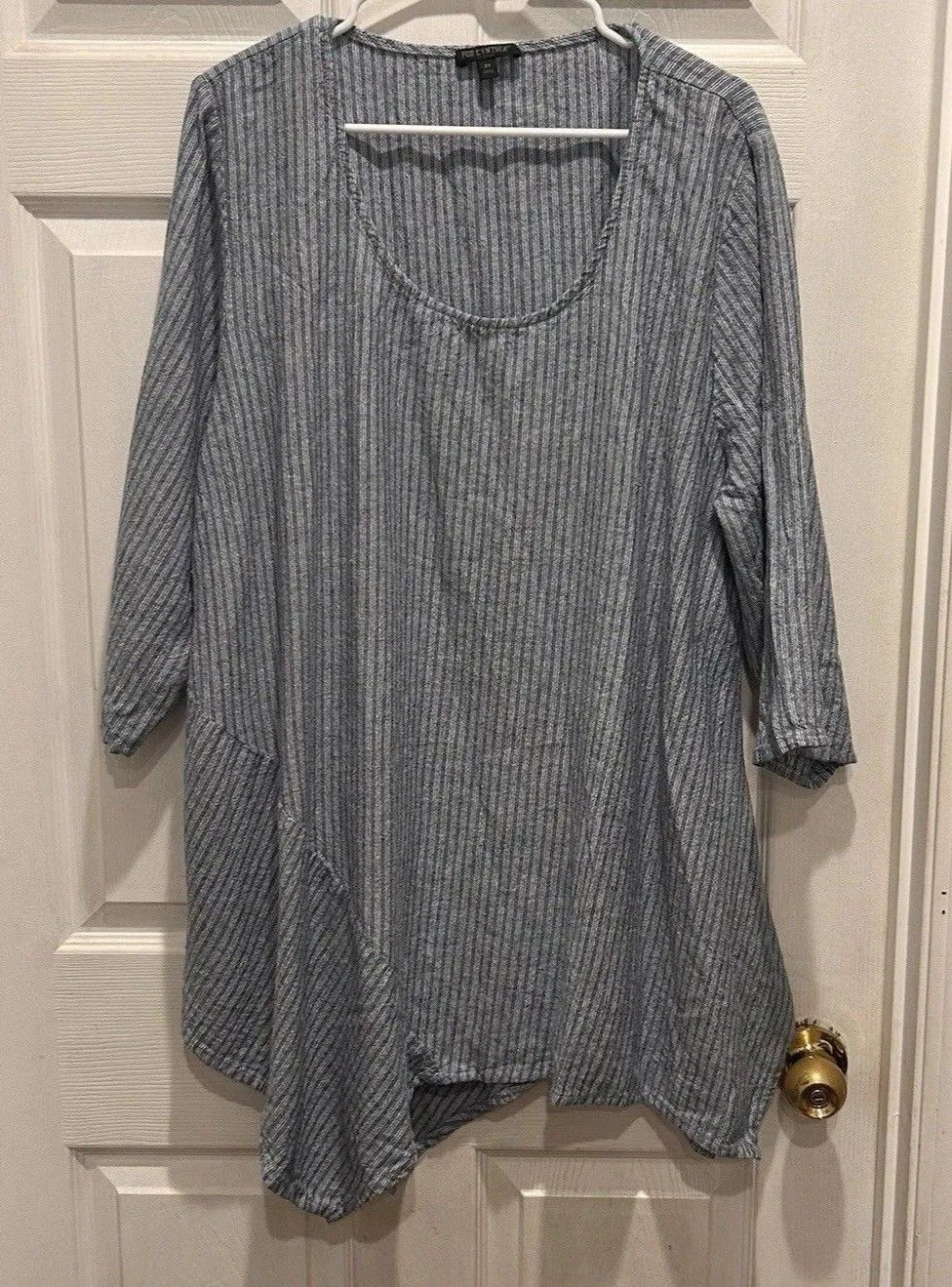 For Cynthia Blue White Vertical Striped Linen Blend Lagenlook Tunic Top 2X - Image 1
