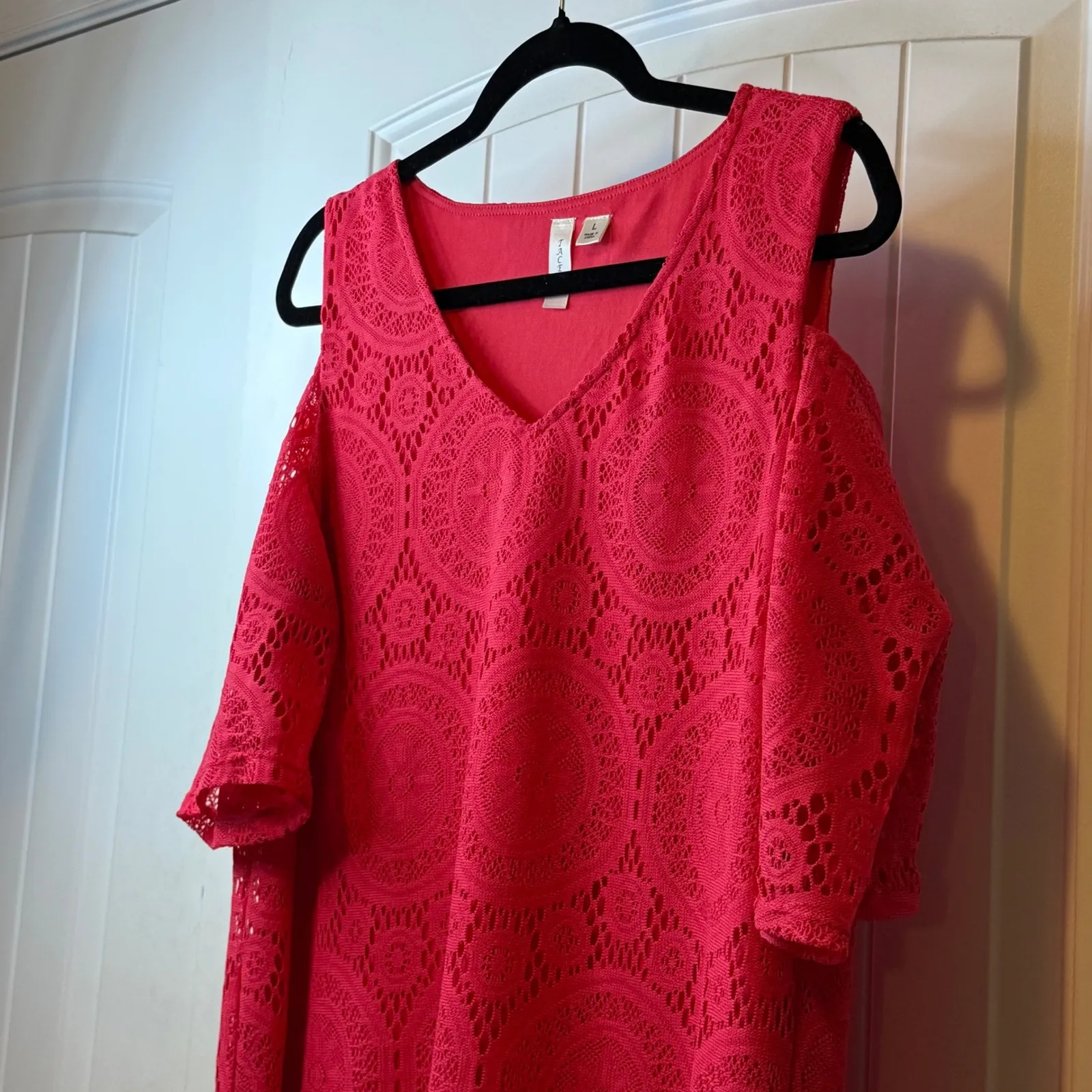 Tacera Womens Dress Lace‎ Cold Shoulder V Neck Pink Size L Dark Coral Trendy # - Image 3