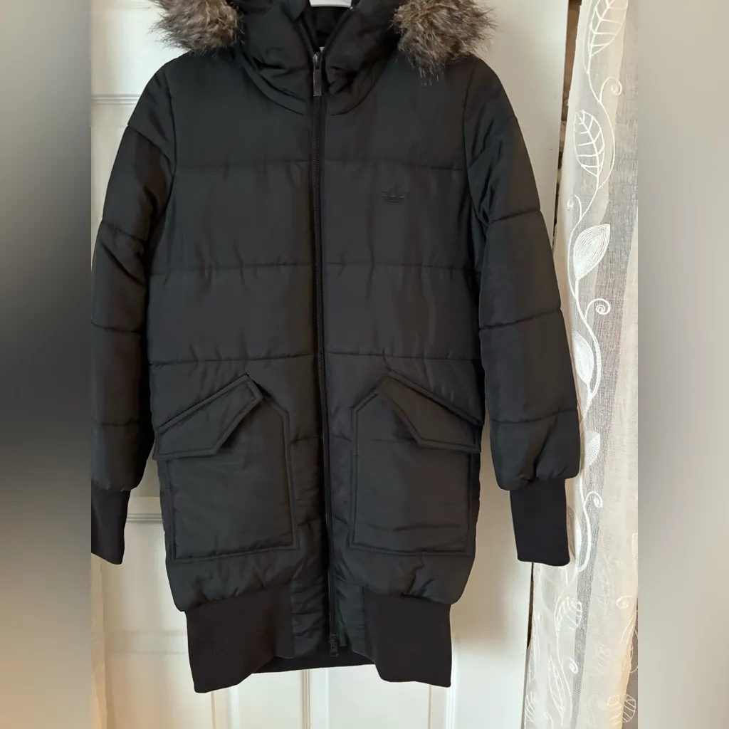 Adidas puffer hooded Jacket coat 40 years celebrating slim fit p2p 20” women M - Image 14