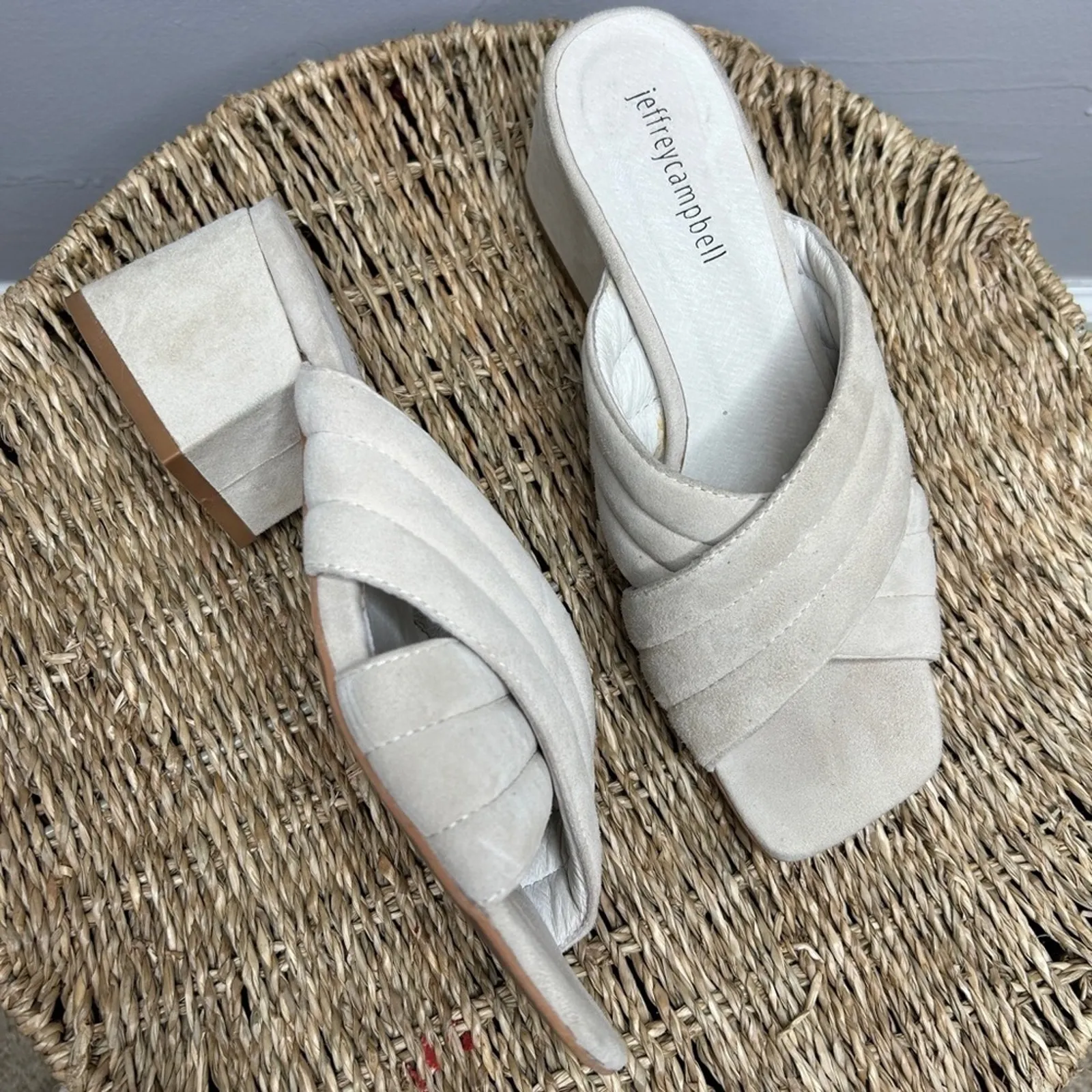 JEFFREY CAMPBELL Heeled Mules Womens Size 7.5 Cream Suede Slip On Square Neutral - Image 2