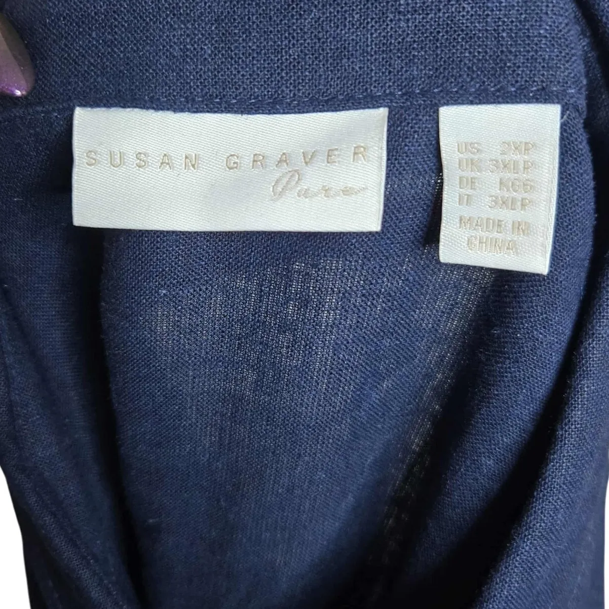 Susan Graver Regular Pure Linen Blend Button Front Shirt Size 2XP NWT Navy Solid - Image 3