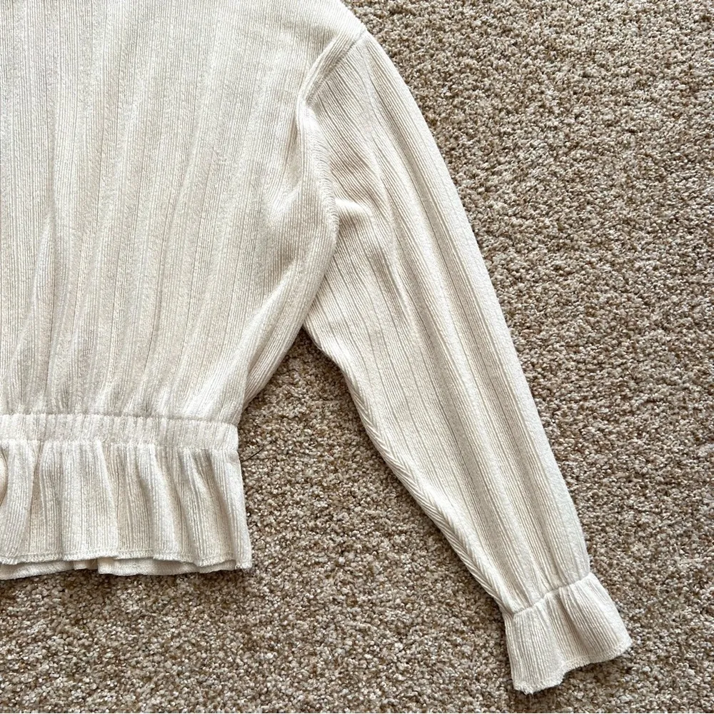 Zara Ribbed Ruffle Sweater Top Cinch Waist Long Sleeve Cream Size Medium - Image 5