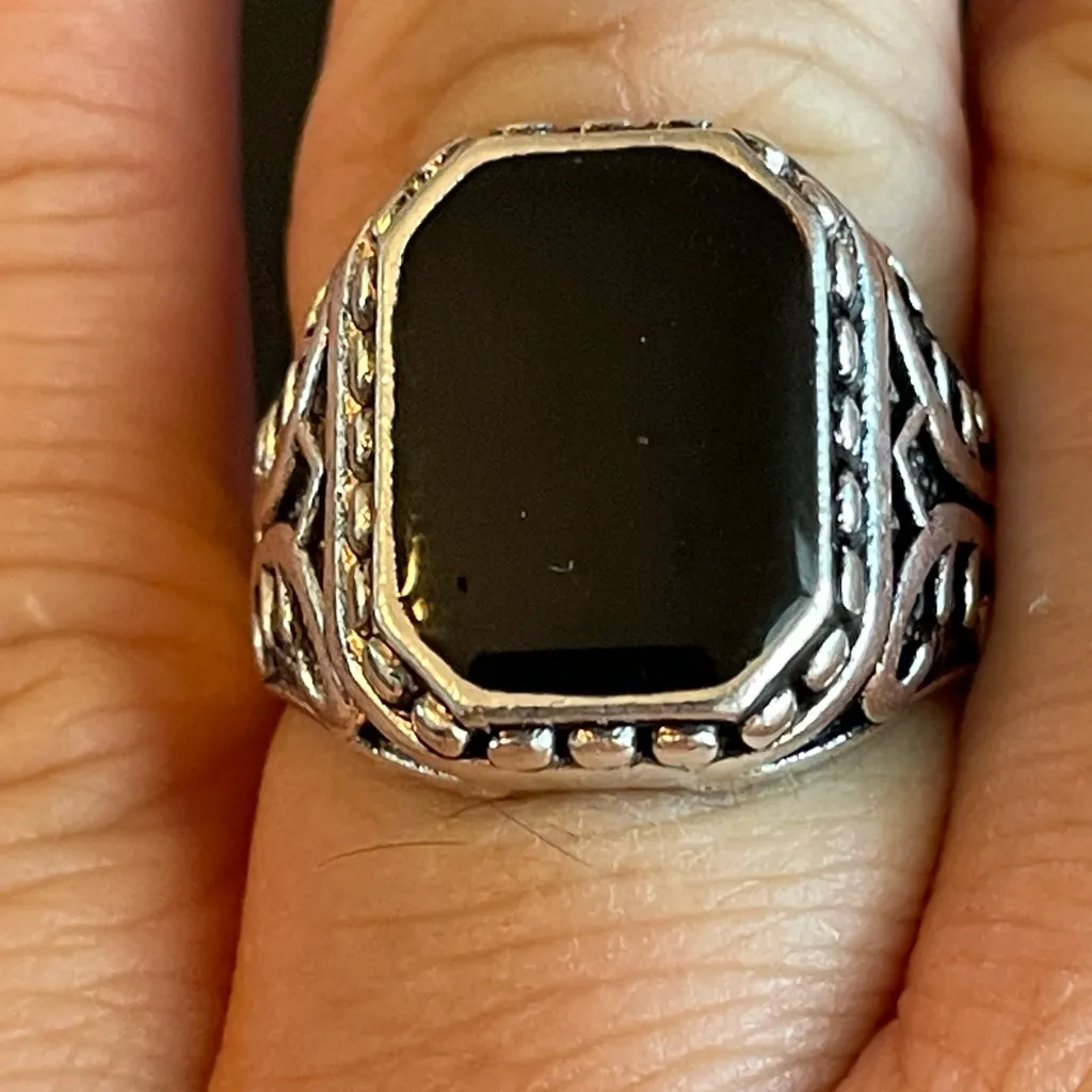 Hexagonal black obsidian S925 silver ring size 9 - Image 9