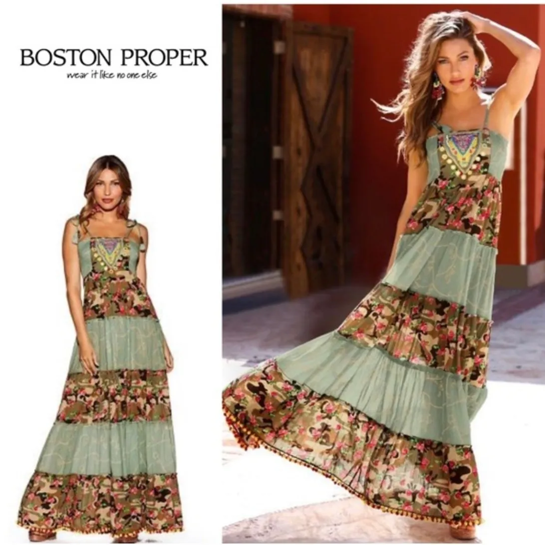 Boston Proper Nomad Camo Tassels Maxi Dress‎ with Pom Poms Size XS - Image 11