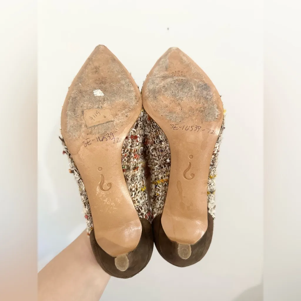 MOSCHINO White Pink Tweed Brown Suede Faux Pearl Floral High Heel Pumps 38 7.5-8 - Image 7