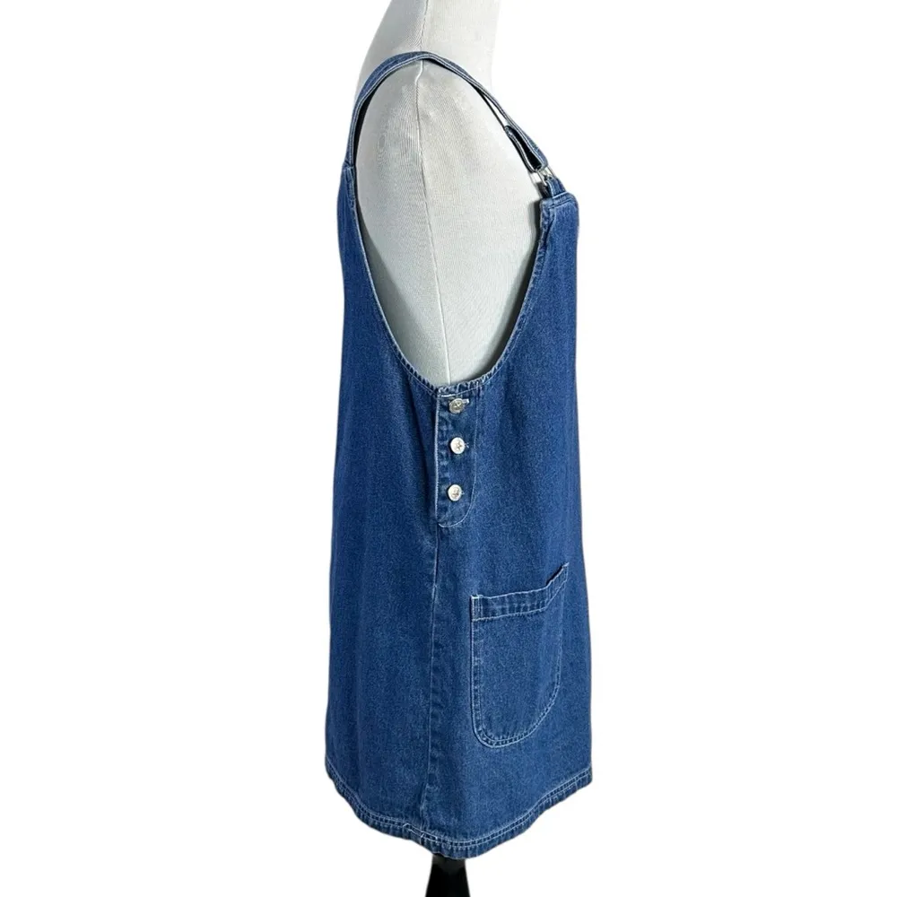 Vintage 90s True Blue Embroidered Flower Pinafore Denim Mini Dress Size Small - Image 2