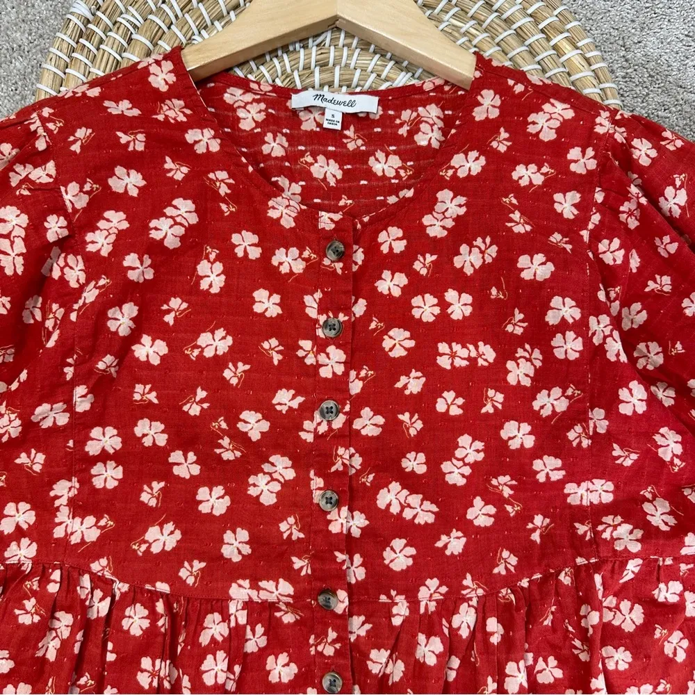 Madewell Puff-Sleeve Button-Front Top in Swiss Dot Happy Aloha Thai Chili Size S - Image 4