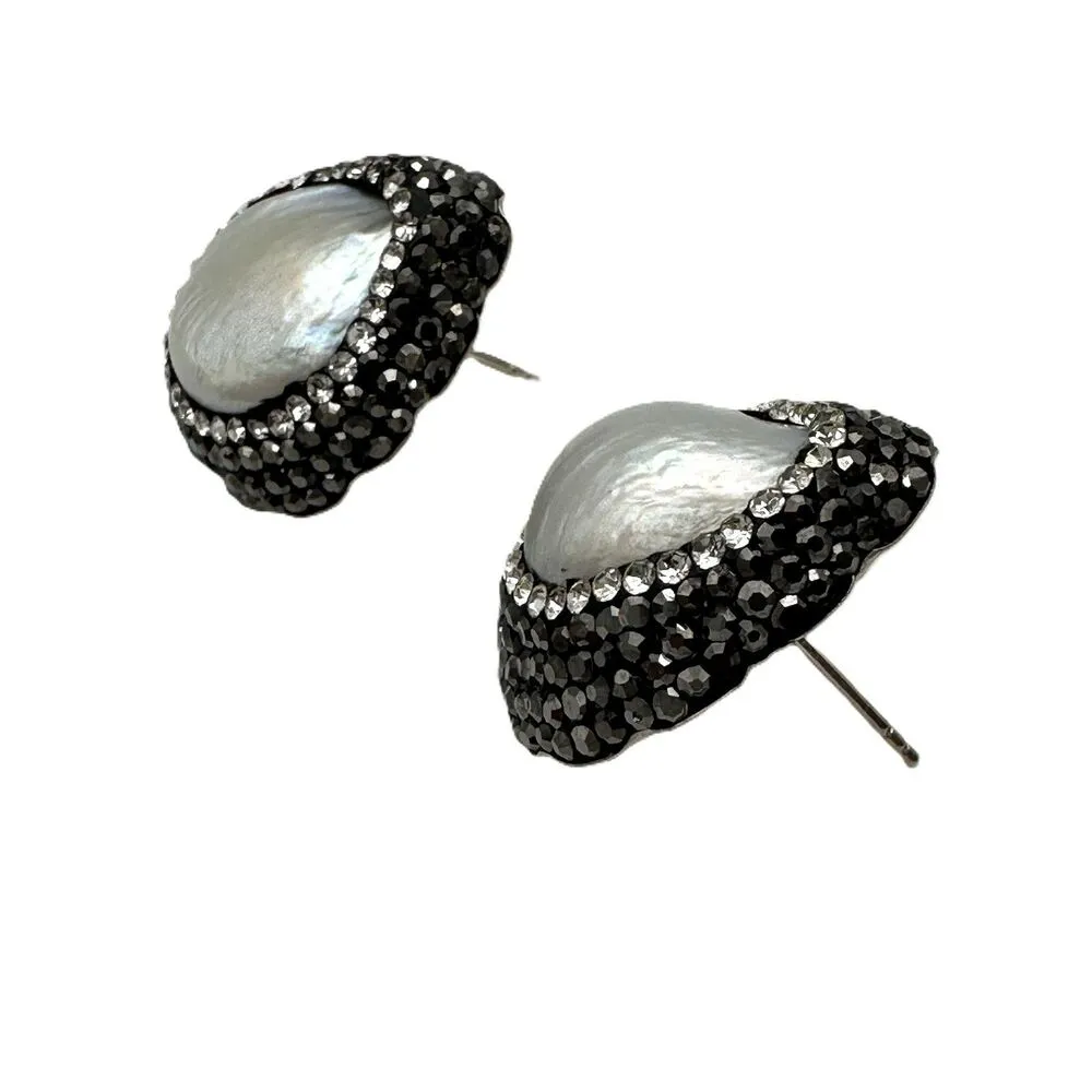 Baroque Pearl Statement Earrings Sterling Silver Marcasite Rhinestone Glitter - Image 3