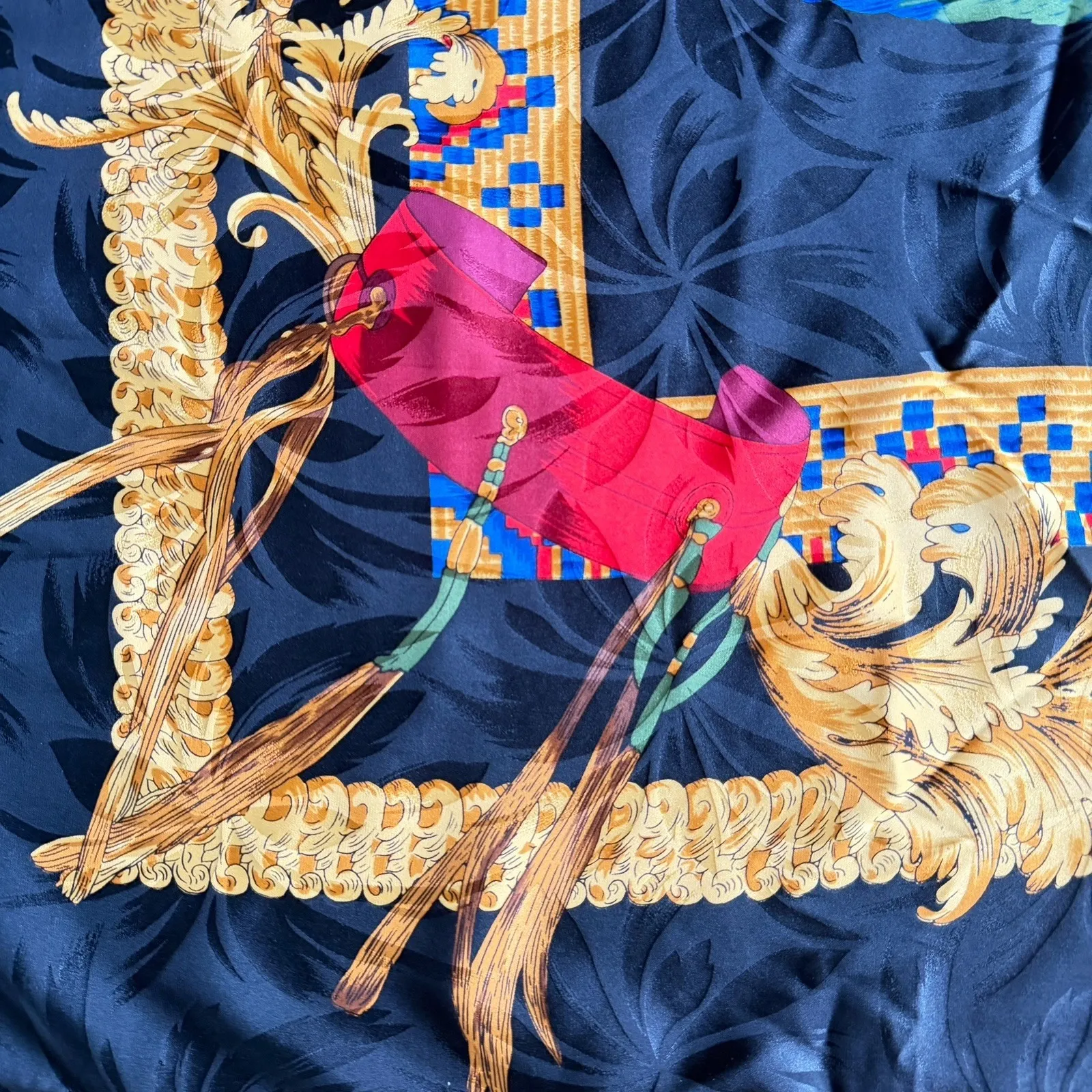 Vintage Christian Dior Silk Scarf Black Gold Baroque Equestrian Feather 34x34 - Image 5