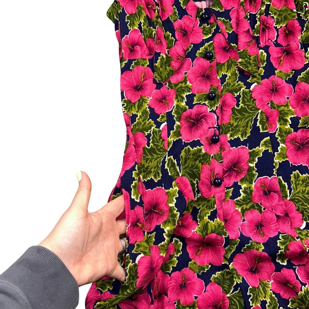 80s 90s Vintage Floral Wide Leg Jumpsuit Flowy Pink Blue Button Front Retro Boho - Image 6