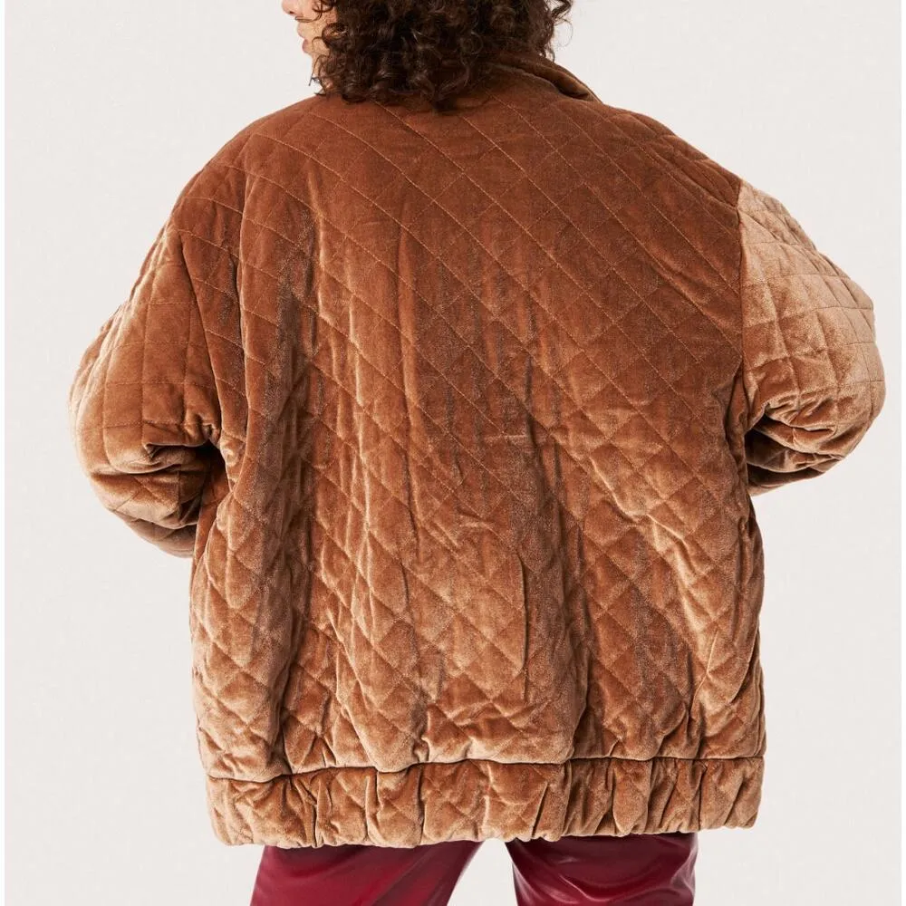 Cider Oversized Velour Zip Up Quilted Coat in Brown - Image 4