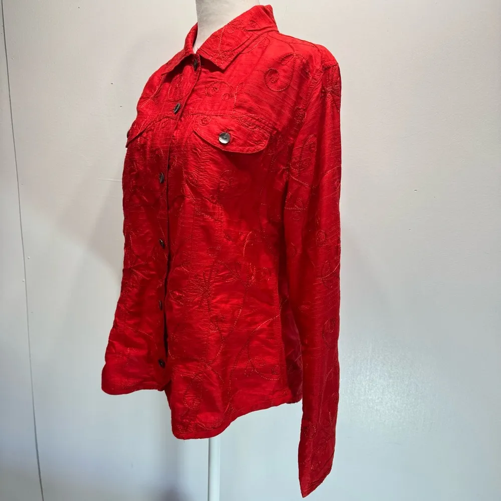 Chico’s Red 100% Silk Alicia Shirt Jacket Button Front w Embroidered Flowers 1/M - Image 6