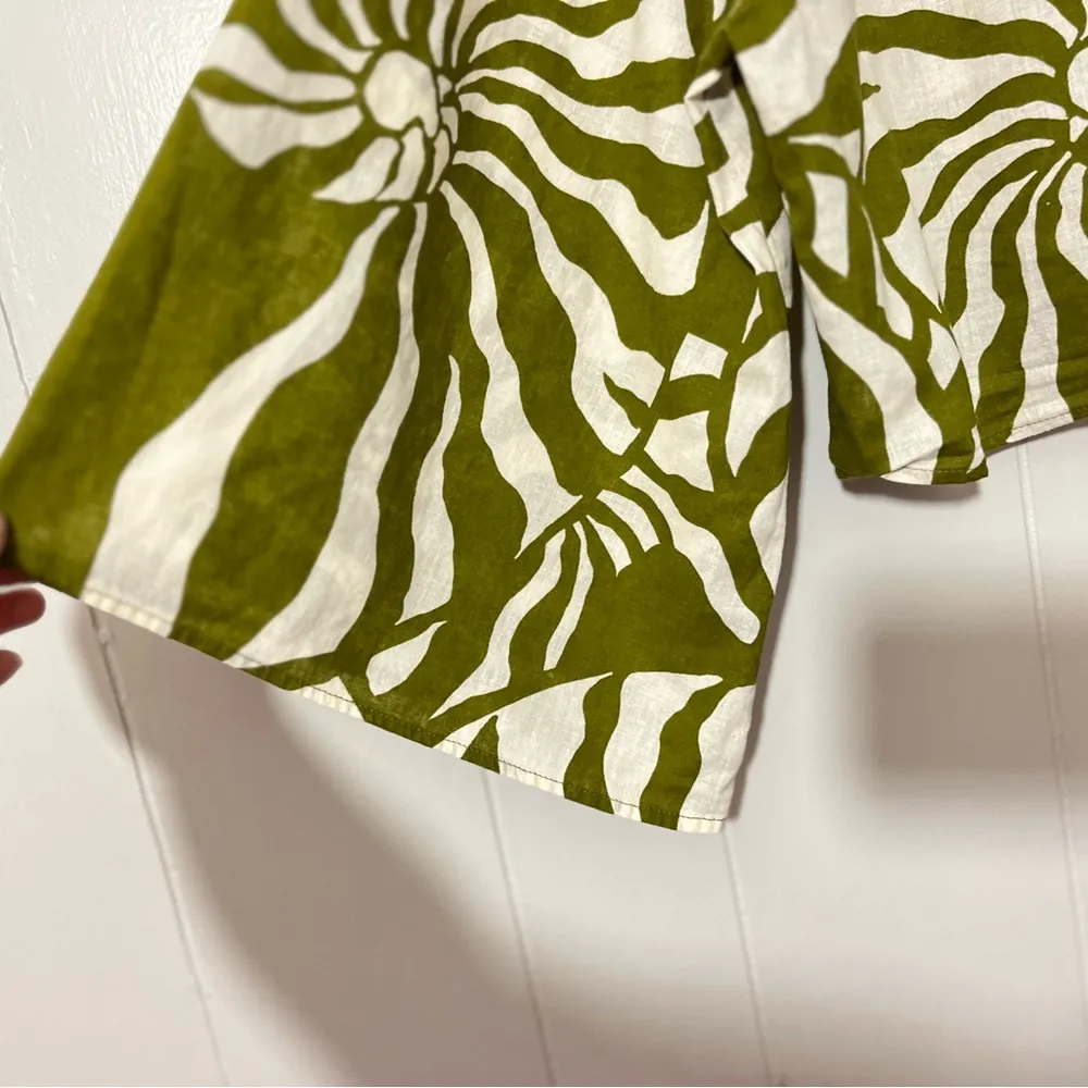 H&M  Linen Top Tie-Detail Womens Cream 3/4 Balloon Sleeve Button Front Size L - Image 5