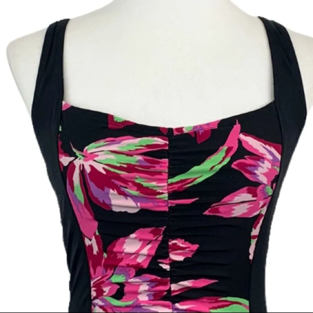 Tropical Escape Women's Black Pink Floral Ruched One Piece Swimsuit Size 6 - Image 4