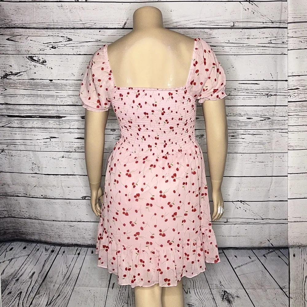 Lush NWT Size XL Pink - Red Floral Print Flounce Hemline Smock Elastic Dress - Image 4