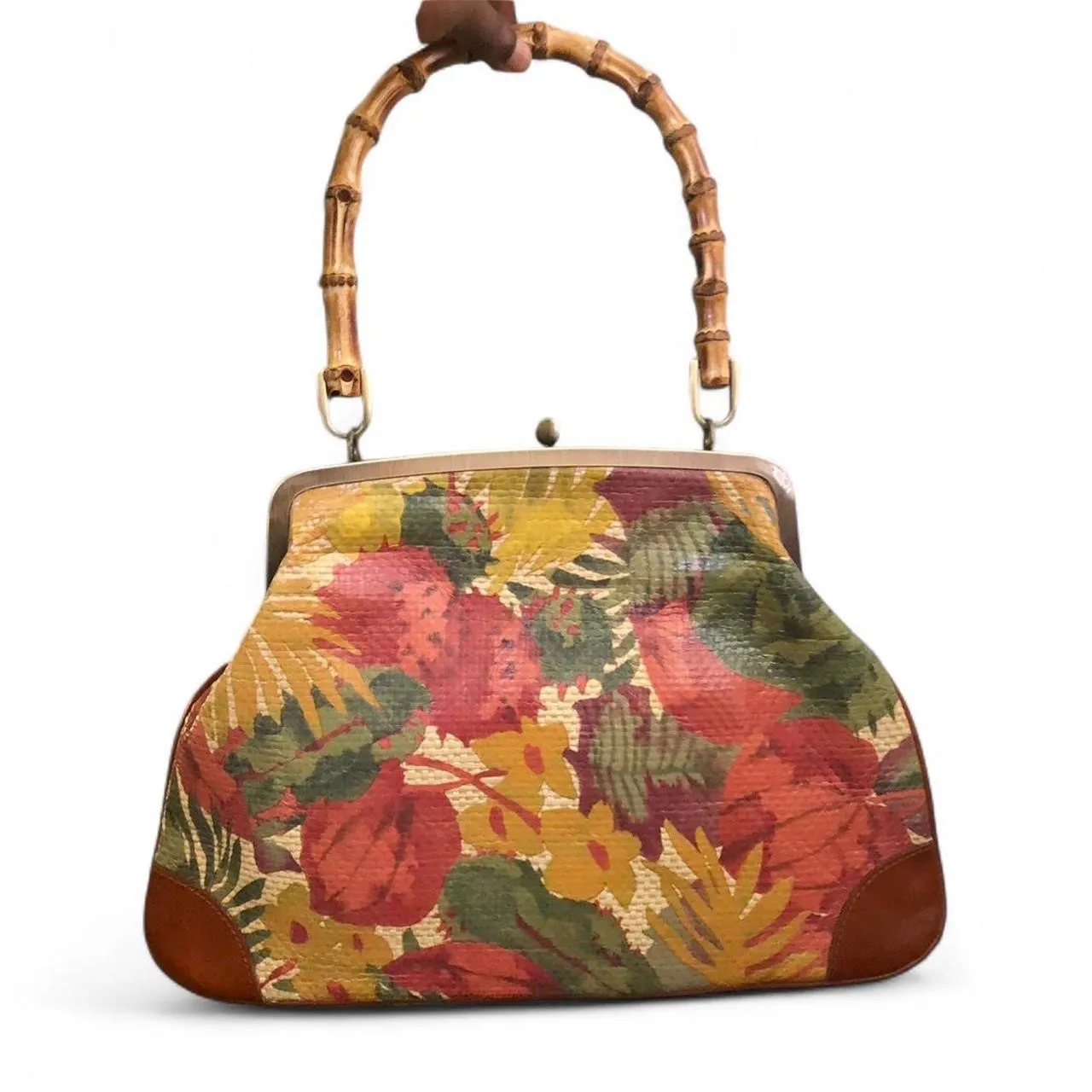 Patricia Nash Tropical Dreams Ozieri Wooden Handle Satchel Shoulder Bag Purse Boho Floral Leaf Measurement in pics Great condition Multiple - Image 3