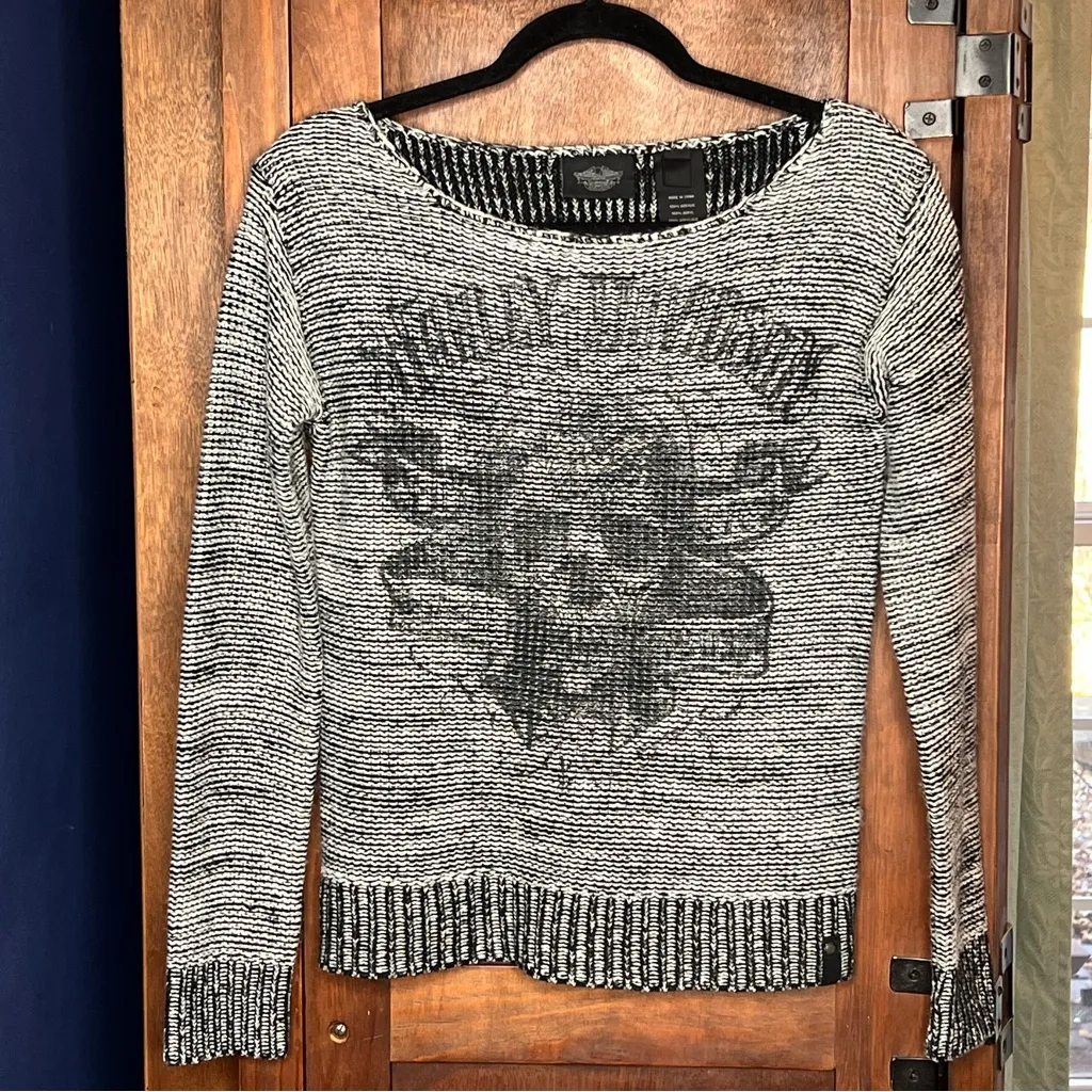 Harley Davidson Knit Sweater Skull Biker Edgy Grunge Graphic Pullover Size S Black - Image 2