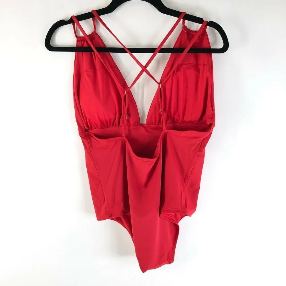 Sunn Lab Swim One Piece Swimsuit V Neck Strappy Stretch Red Size XL - Image 2