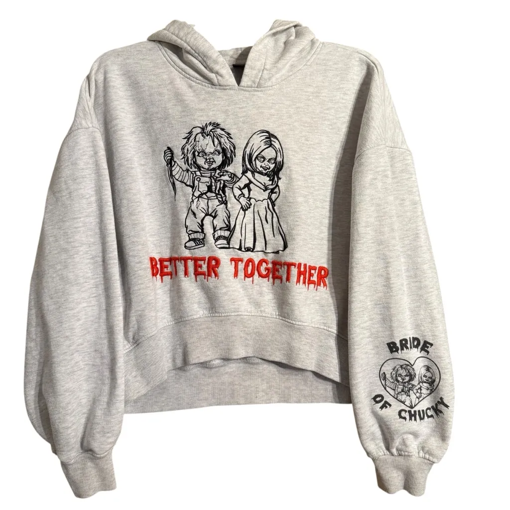 Cozy Gray Bride of Chucky Cropped Hoodie with Embroidered Design Size Medium - Image 1