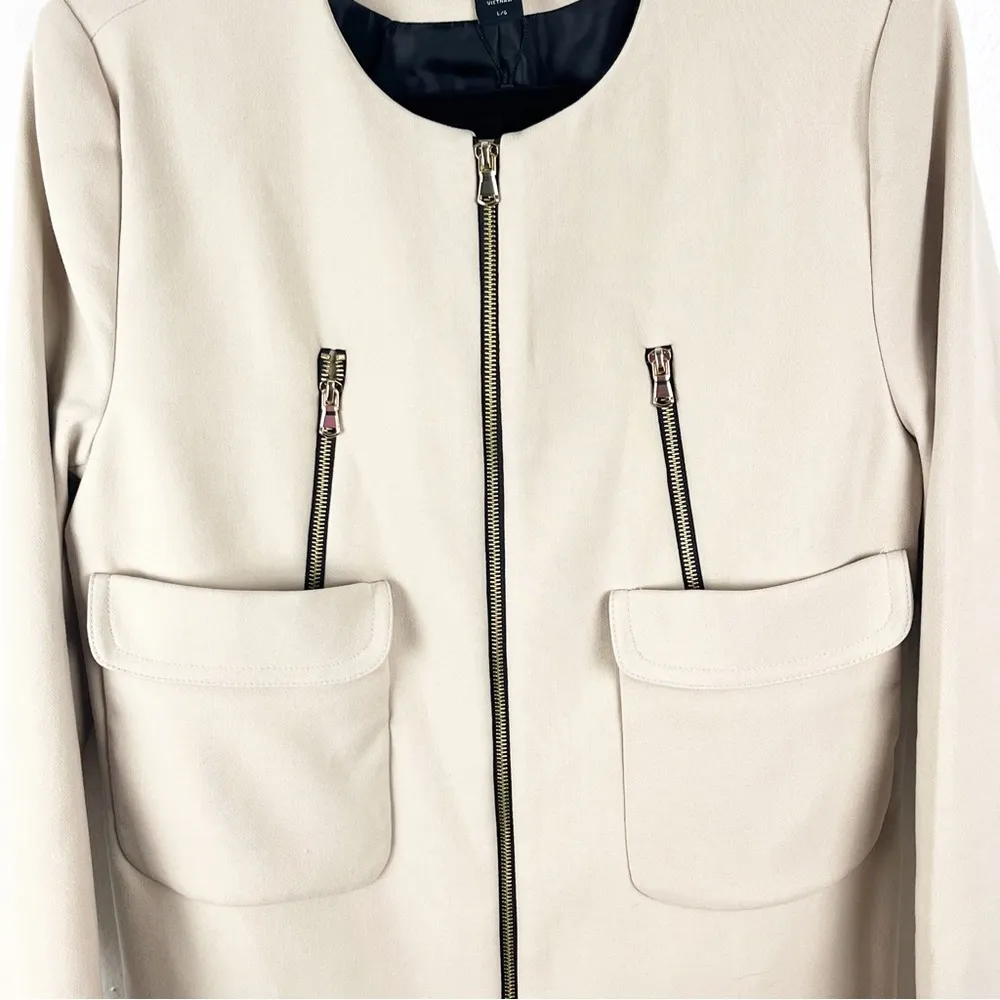 METAPHOR Oxford Tan Collarless Longline Front Zip Lined Coat, Size Large - Image 9