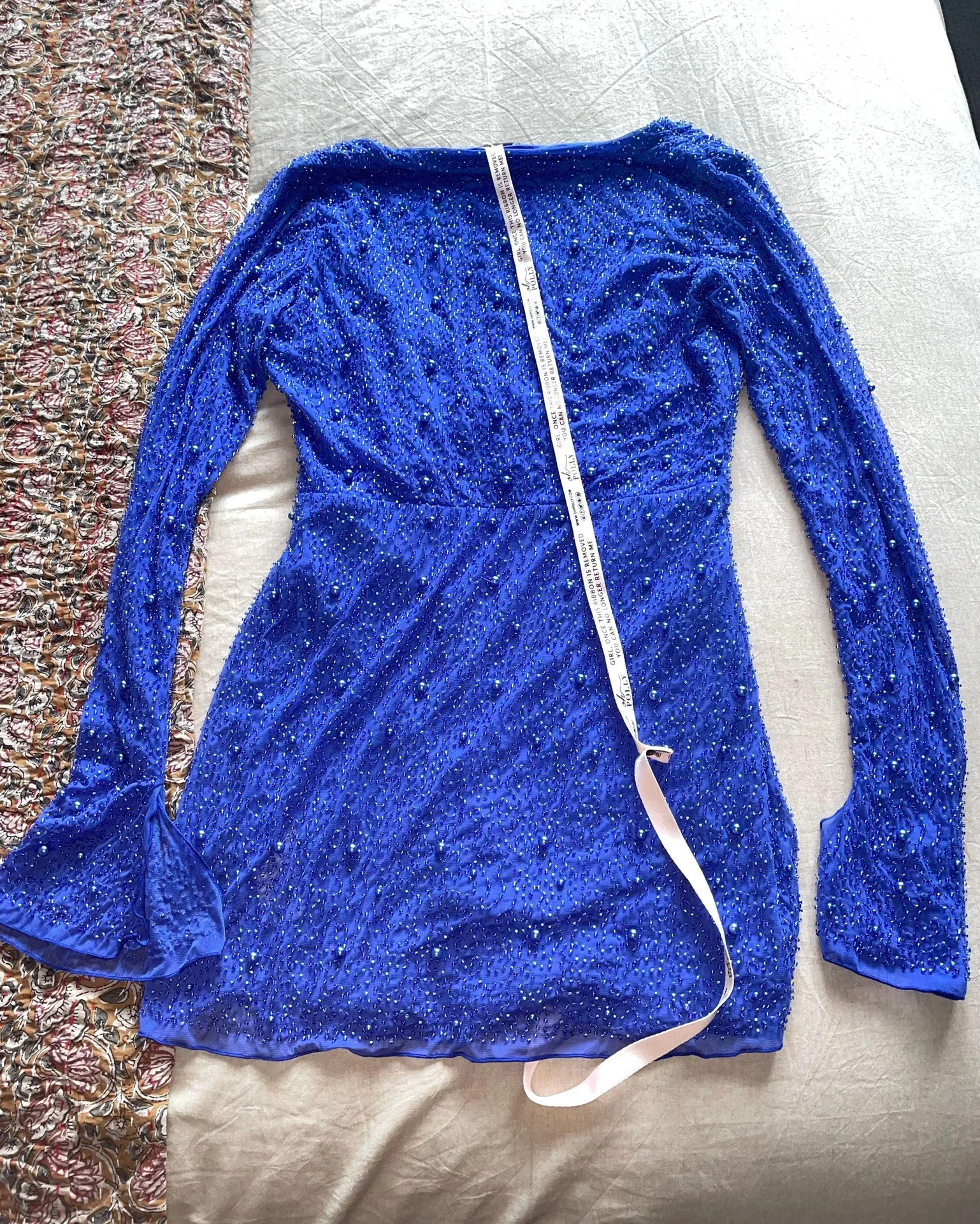 Chelsea Embellished Wrap Mini Dress in Dark Blue  - Image 5