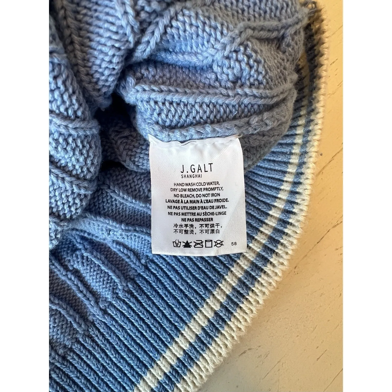 John Galt Sweater Blue White V Neck Cable Knit Pullover OS Preppy Varsity - Image 3