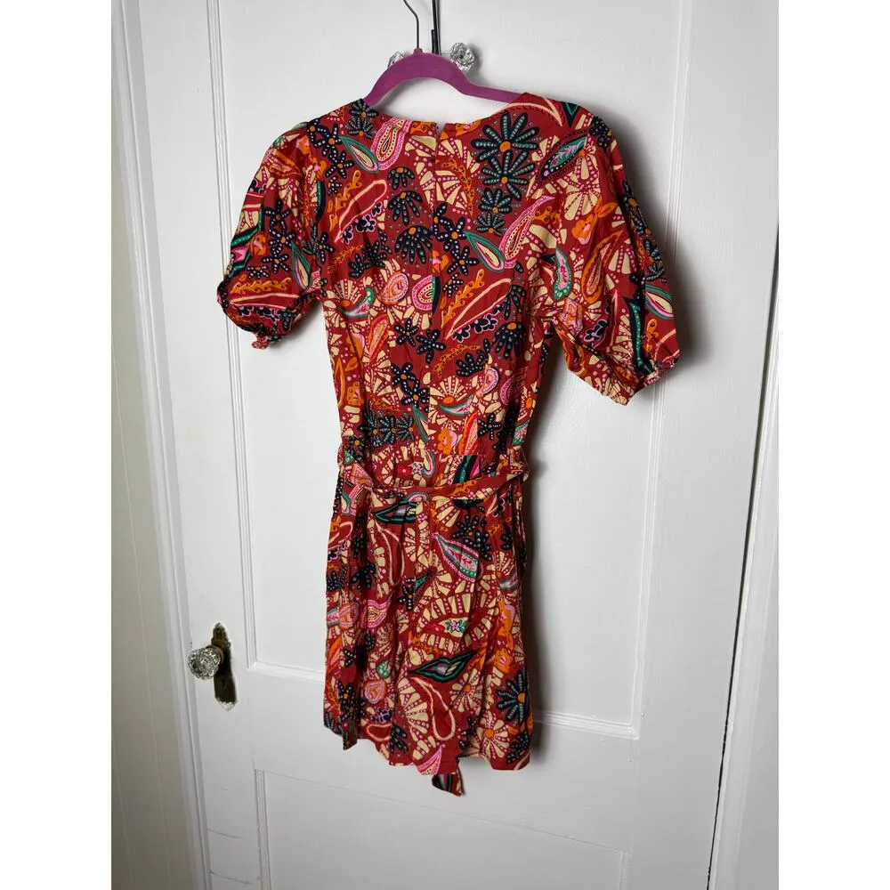Rachel Zoe Romper Women's S Red Paisley Belt Puff Tropical Boho Resort Coastal - Image 7