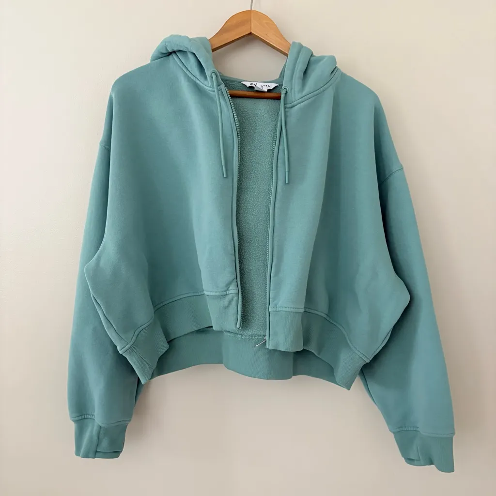 Athleta Forever Fleece Crop Full Zip Midweight Sweatshirt Hoodie Green Size XL - Image 9