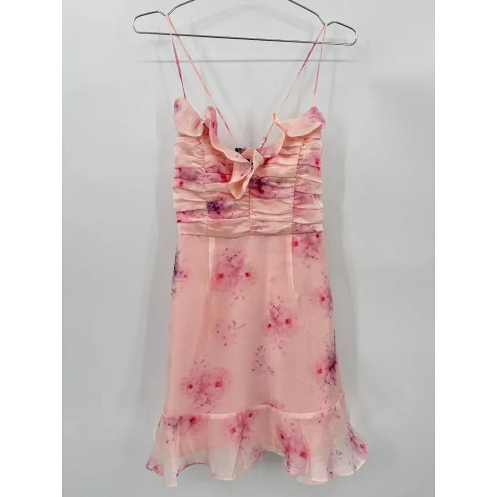 Lulu’s Pink Floral Fairy Ruffle Mini Party Dress Ruched Bodice Medium NEW - Image 6