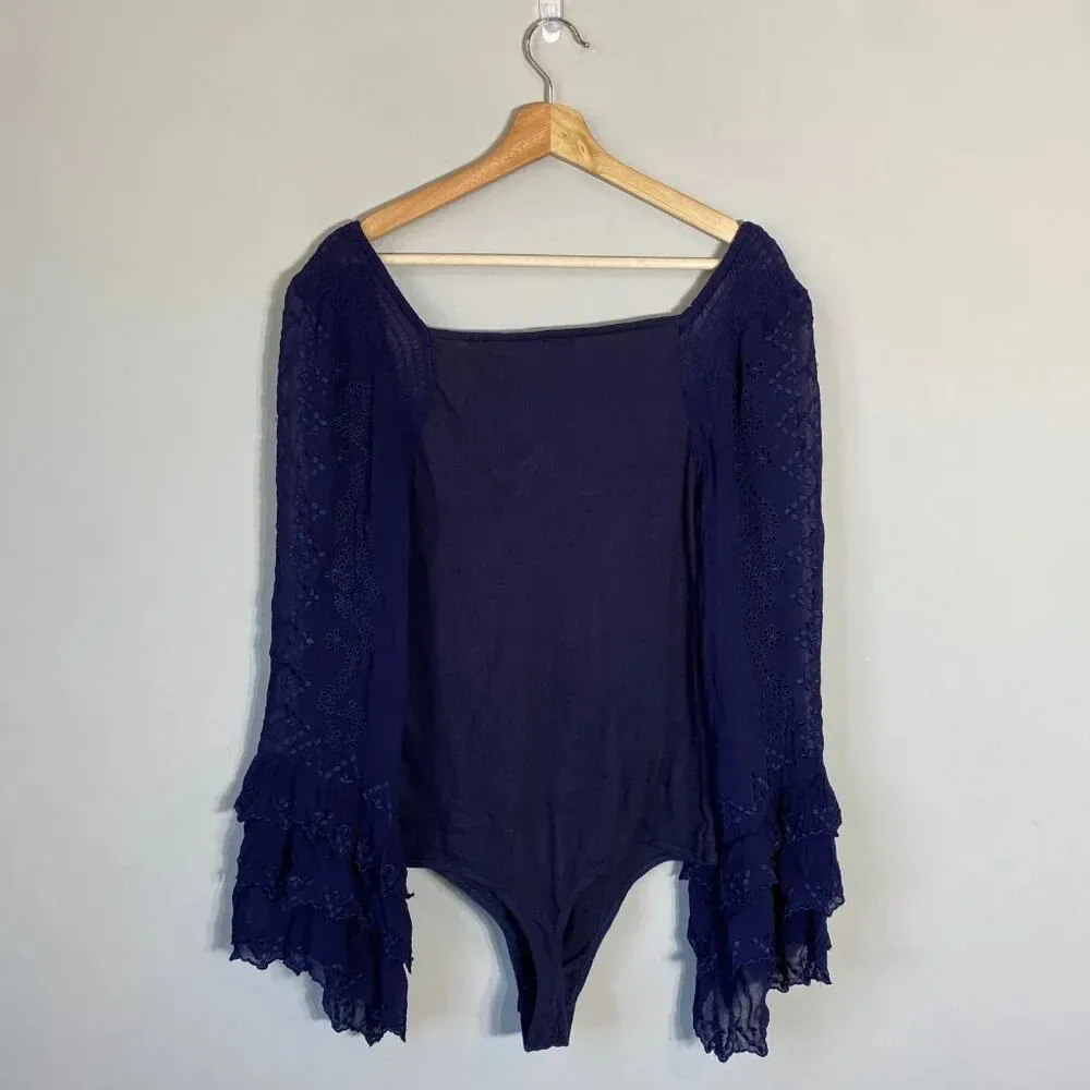 NWOT Free People Intimately FP Enchanted By You Bodysuit Women's Large Navy Silk - Image 4