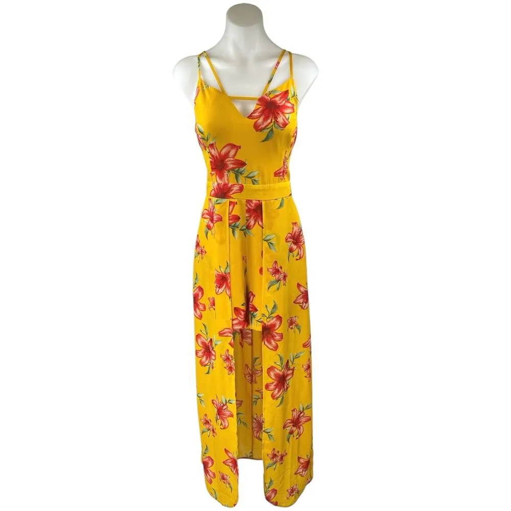Guess Yellow Floral Sleeveless Cami Camisole Tank Skort Skirt Romper Shorts L - Image 3