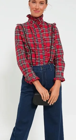 TUCKERNUCK Red Plaid Royal Stewart Tartan Ruffle Reagan Button Size XXL - Image 1
