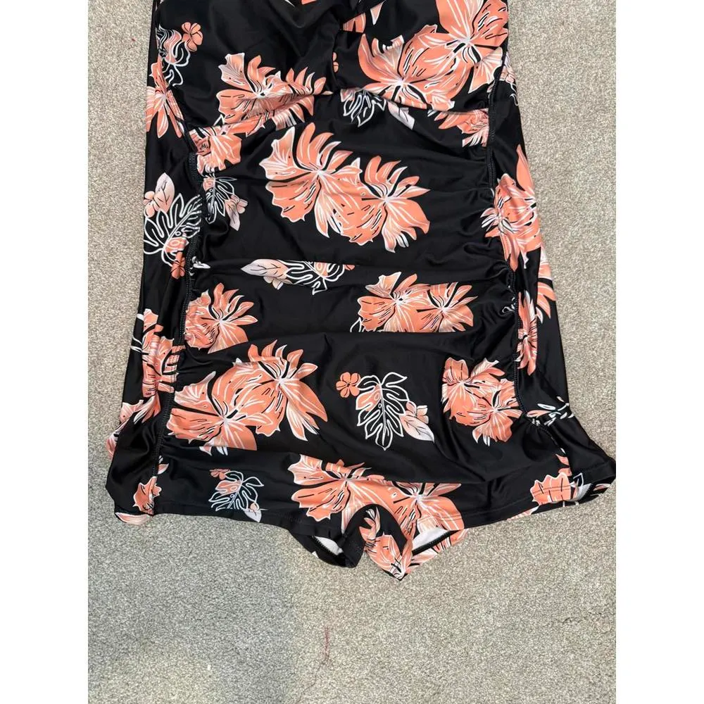 *Plus Size Floral Print Swimsuit Tummy Control XXL Push Up Beach Retro Black - Image 9