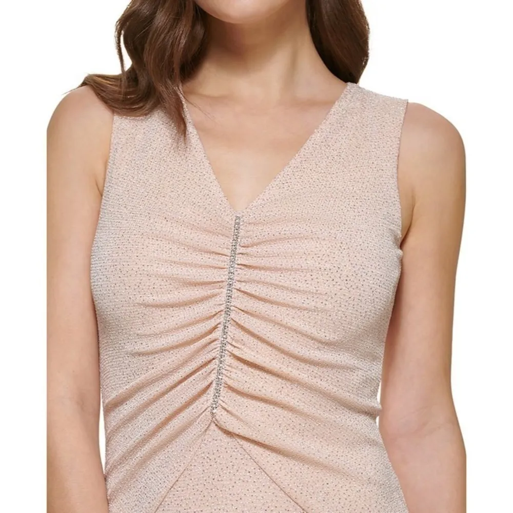 Calvin Klein Beige Glitter Knit Rhinestone Maxi Gown Dress Sleeveless Size 8 - Image 5